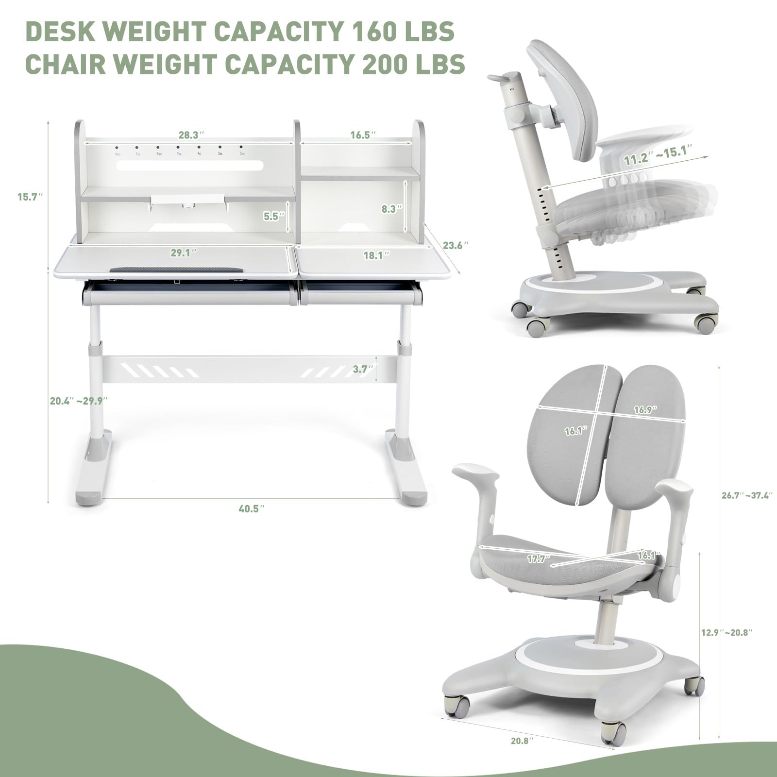 COSVALVE Adjustable Kids Desk and Chair Set with Hutch, with Two Storage Drawer,Tilt Desktop,Height Adjust for Home School Use,for Girls Boys