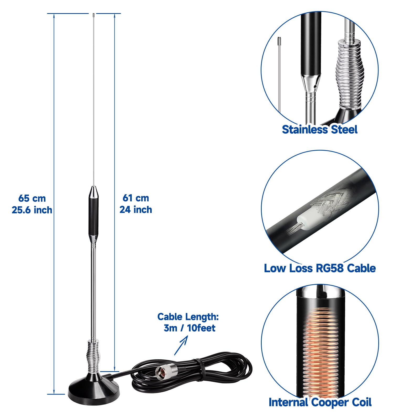 Bingfu CB Radio Antennas 27MHz - PL259 & BNC Male Truck Antenna Kit Magnetic Base - Compatible with Galaxy Uniden Bearcat Cobra Radioddity Texas Ranger RoadKing Mobile CB Radio