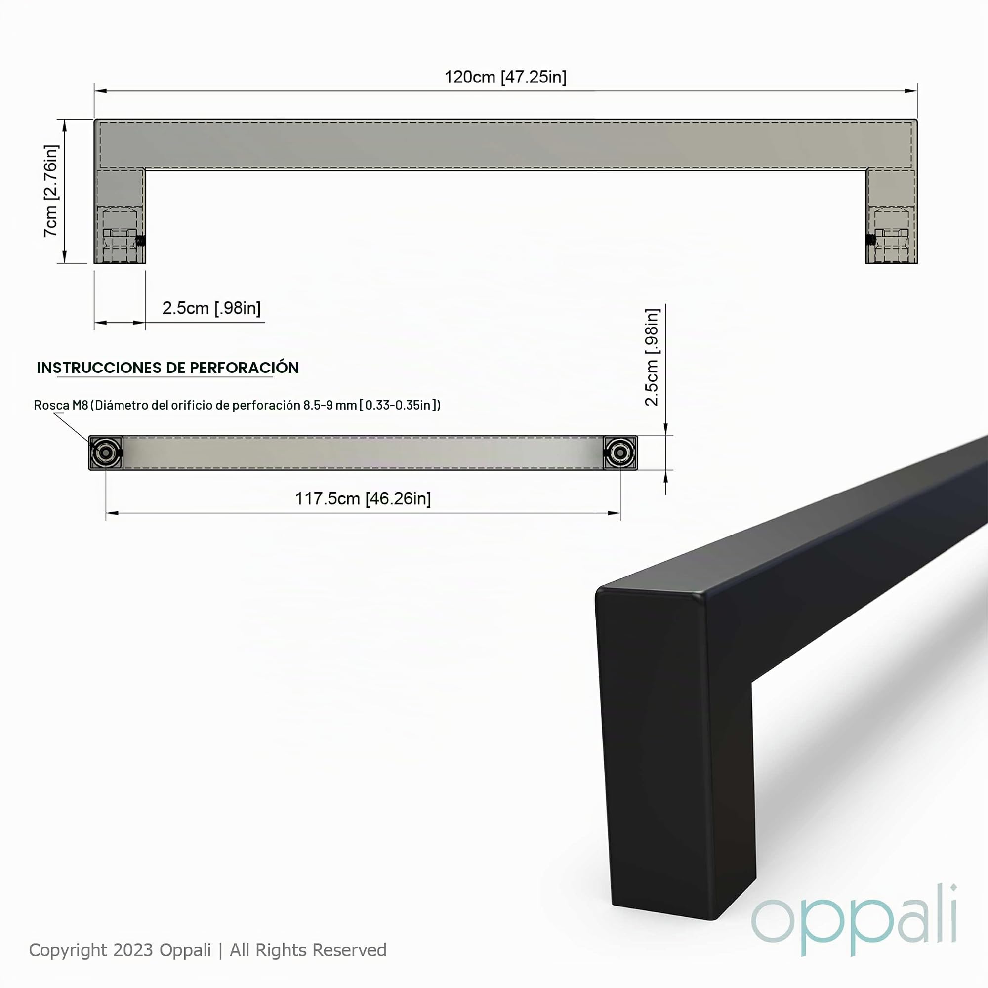 Negro Tirador de Acero Inoxidable Cuadrado Manija de la Puerta de Entrada Art.525 | Cuadrado T-Bar | 120cm Longitud Total