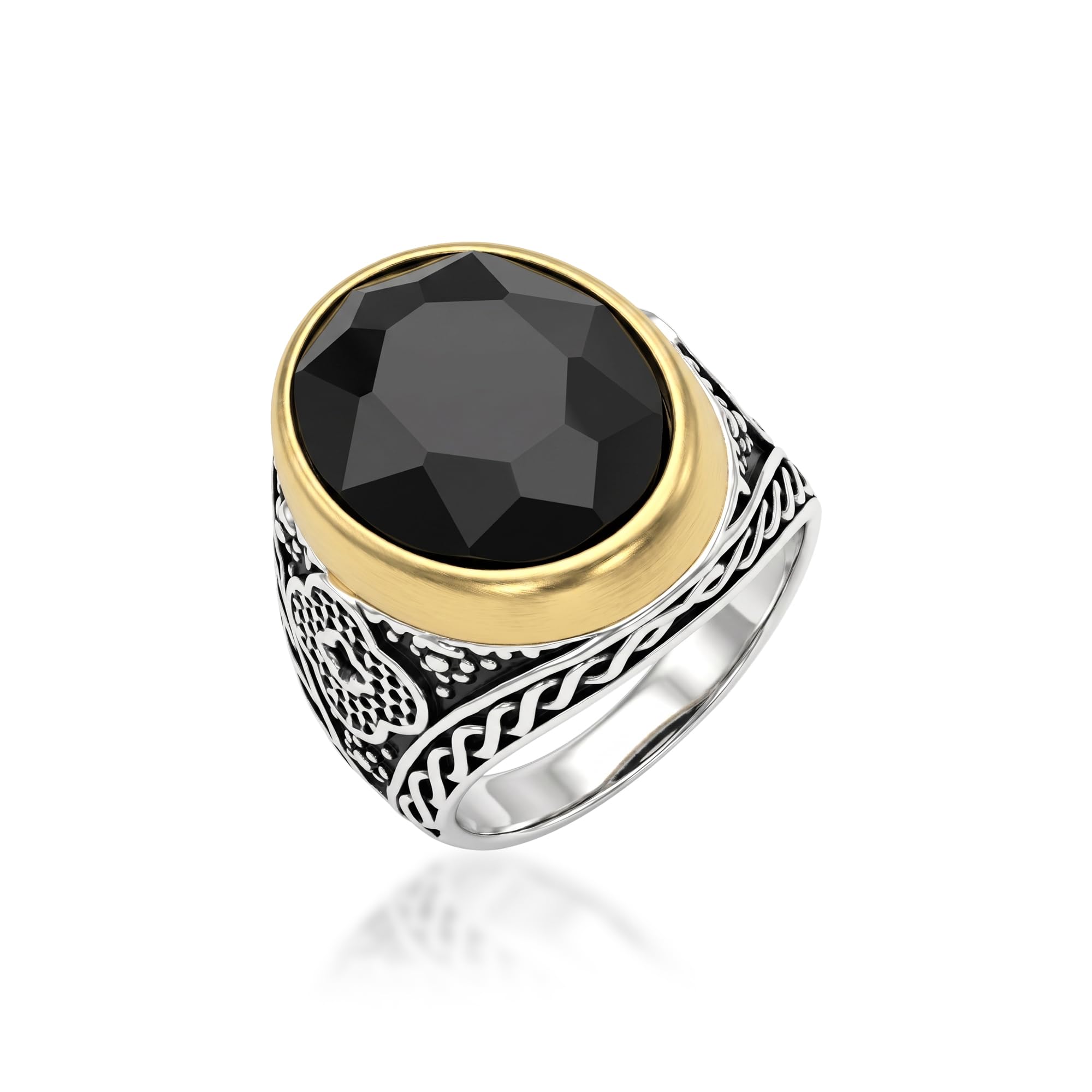 Dual Tone Vintage Turkish Ring for Men - Faceted Black Stone Signet Ring with yellow Bezel & Engraved white Band - Ottoman Style Statement Finger Ring Jewelry Gift(ACOR0280)-image-30