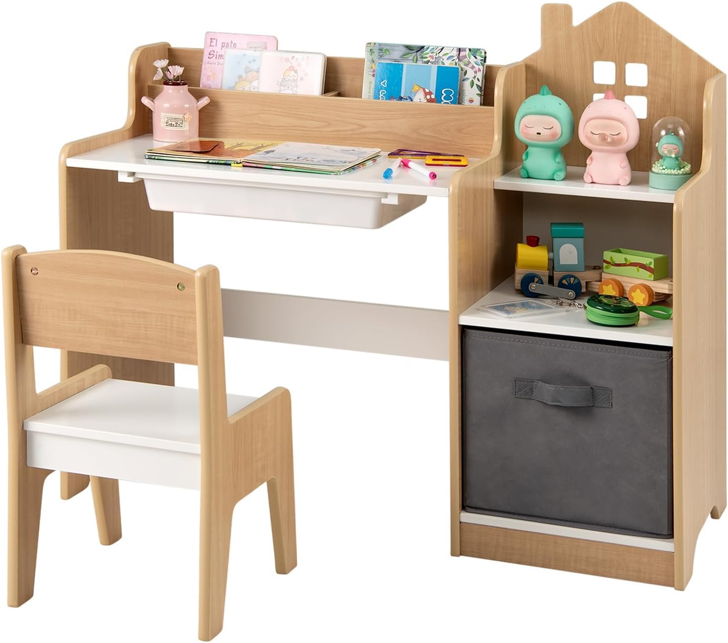 DREAMADE Schreibtisch Kinder mit Stuhl, Kinderschreibtisch mit 2 offenen Fächern & 2 offenen Regale & Schubladen, Schülerschreibtisch für Kinder ab 3 Jahren (Natur)