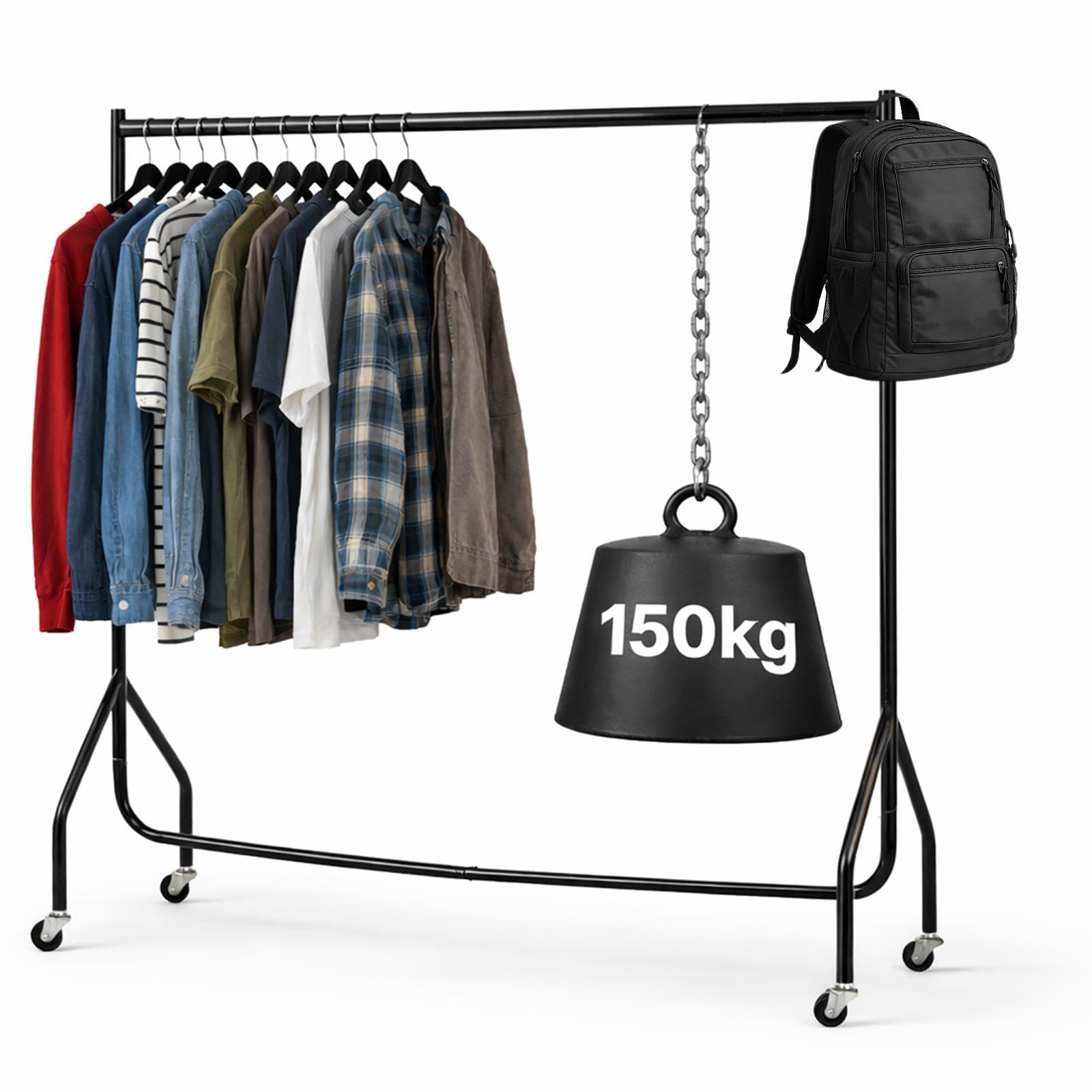 Extra Heavy Duty Clothes Rail 150kg Capacity 4ft L x 5ft H Metal Garment Rack, Lockable Wheels Portable, No Tool Assembly, Powder Coated Black, Strong & Durable for Home or Shop โ image 1