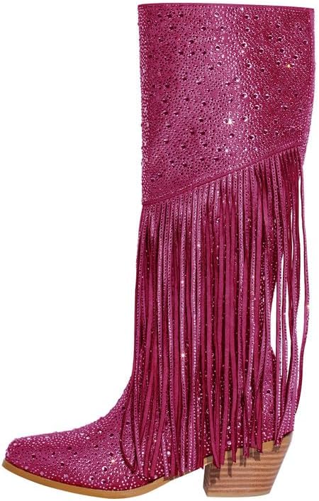 sexytag Rhinestone Sparkly Boots for Women Knee High Fringe Chunky Low Heel Pointed Toe Pull-On Side Zipper Boots
