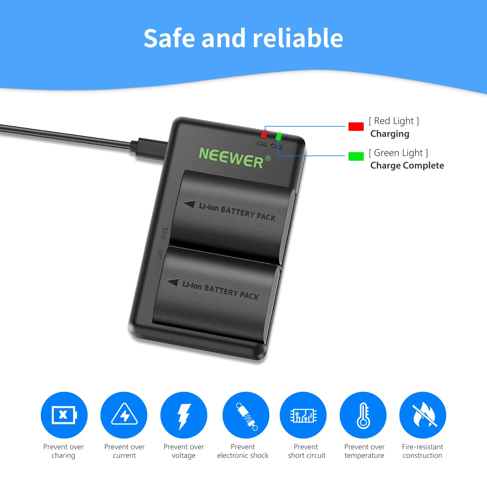 NEEWER Batteria di ricambio LP-E6NH Caricabatterie Ricaricabile Compatibile con Canon EOS R7, EOS R5, EOS R6 R6 II, EOS R,5D II III IV,6D,6D II,7D,7D II,70D,80D,90D (2-Pack, Porta Micro USB)