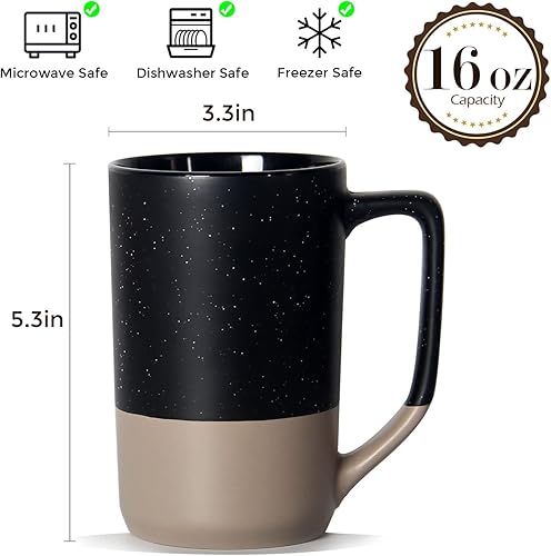 Miniatura 2 de Taza de café grande de 16 onzas, combinación de dos colores, taza de té grande de cerámica con mango cuadrado con moteado blanco para hombres