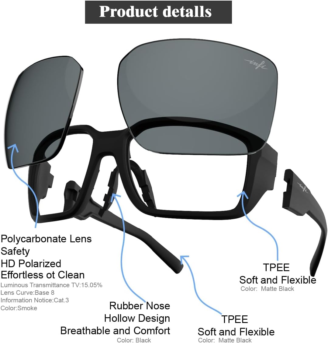 INFI Fishing Sunglasses Men Women Polarized Polycarbonate Lens Safety Protection Black Glasses Driving Golf Running Sports