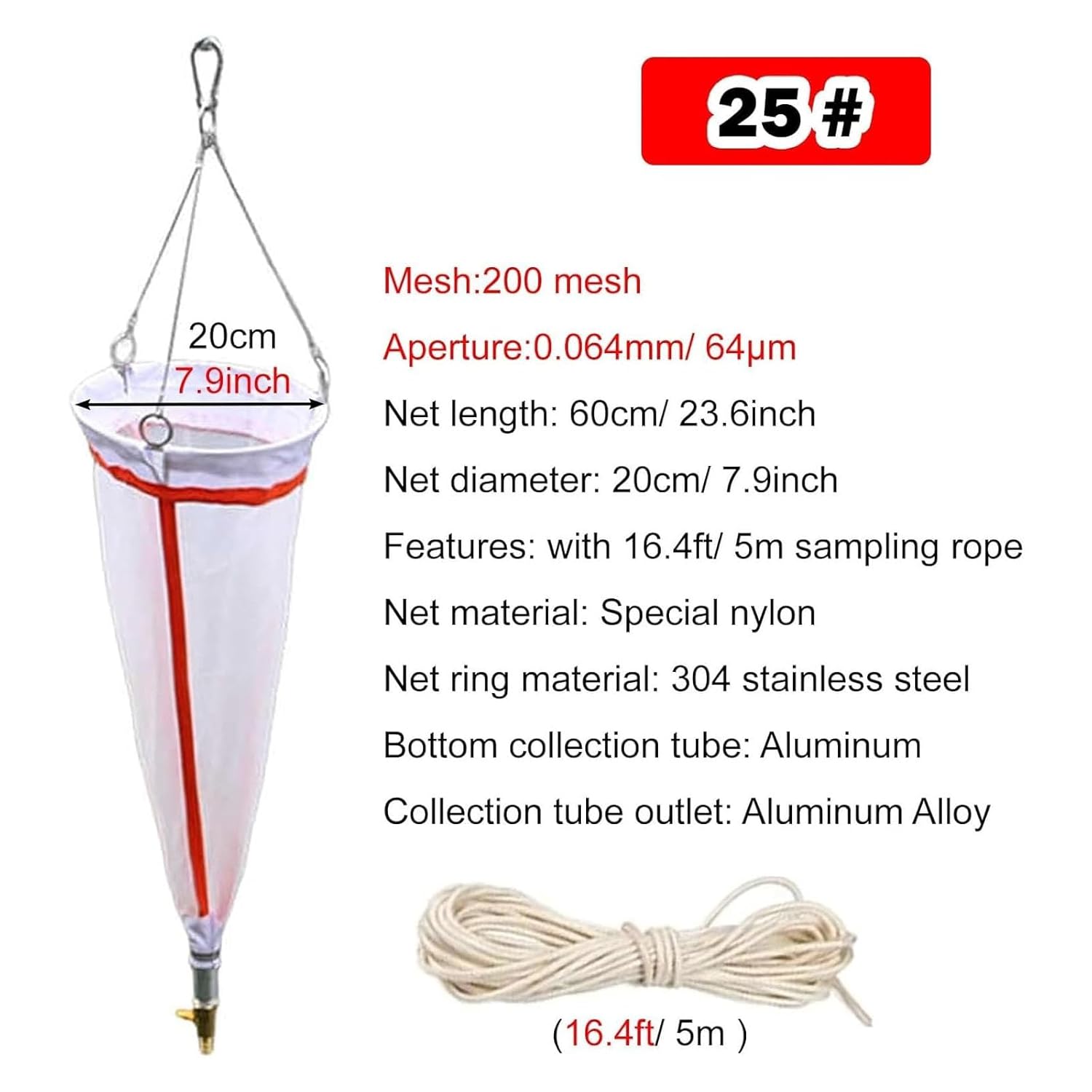 64μm Professional Research Grade Plankton Net, Mesh Plankton Net with Copper Valve and 5m Rope