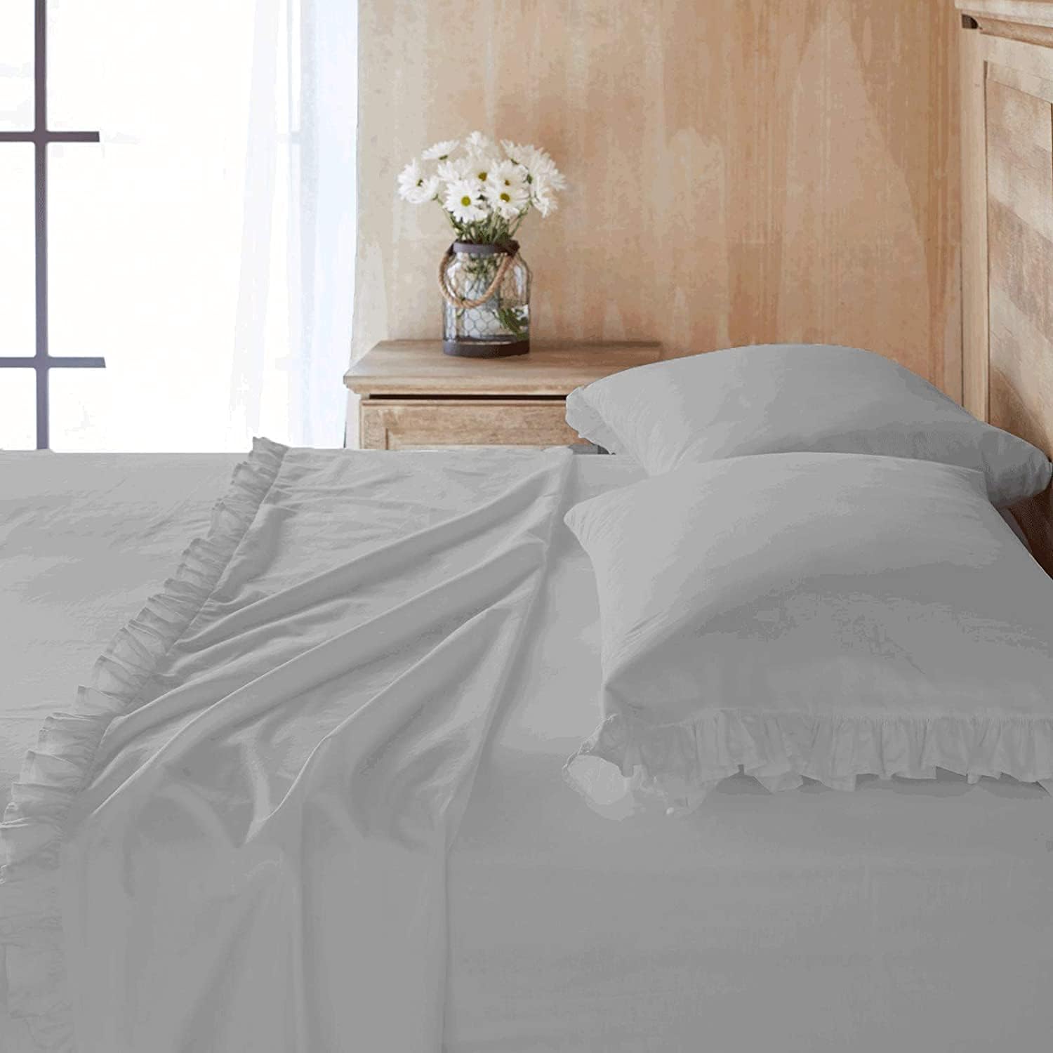 Upto 15" Deep Pocket Border Ruffle Bed Sheet Set 4 Piece Set 700 TC Egyptian Cotton - Twin, Ivory