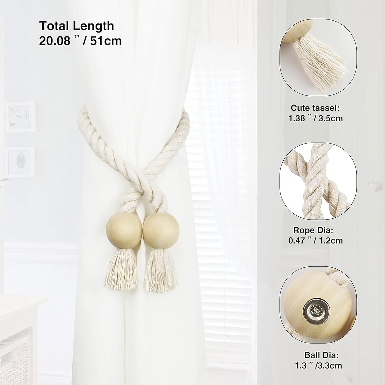 2Pcs Magnetic Curtain Tiebacks, Handmade Wooden Bead Tassel Curtain Tie Backs, Simple Tiebacks Wall Decoration for Bedroom Window Treatment, Beige