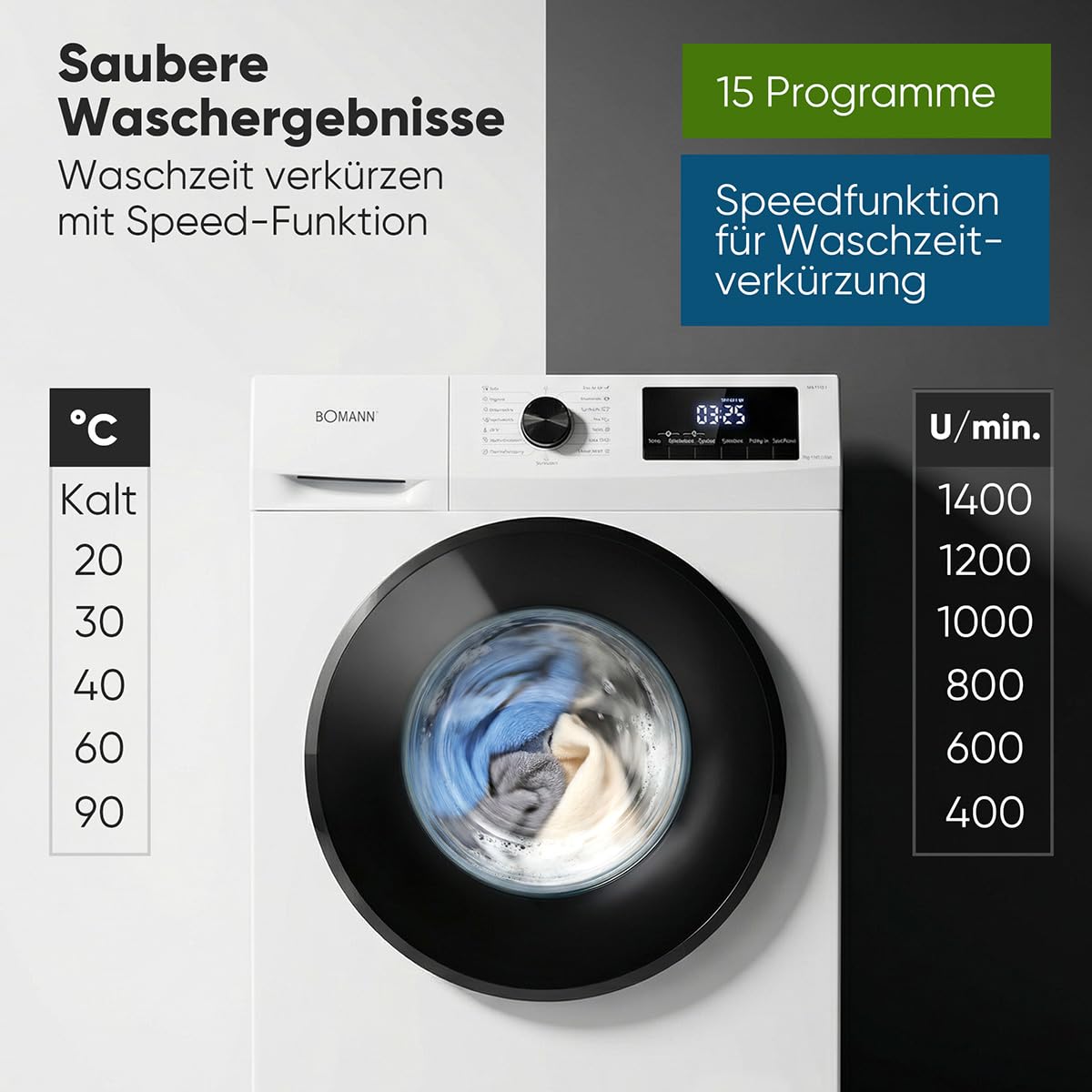 Bomann WA 7175.1 Waschmaschine 7kg 1400 U/min Invertermotor 15 Programme LED-Display weiß