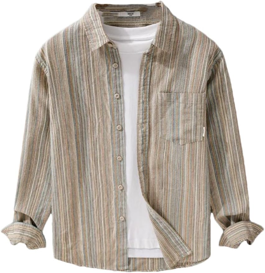Men's Vintage Striped Long Sleeve Shirts Male Casual Workwear Tops Lapel Button Up Shirt
