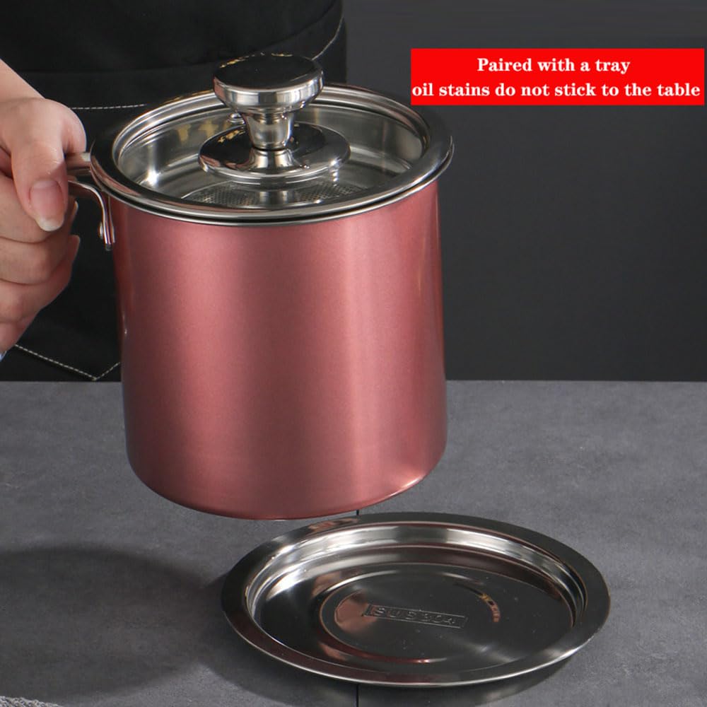 Contenitore per olio con colino e coperchio, 1,9 l, rosa, per conservare olio per friggere, manico facile da impugnare, filtro grasso da cucina