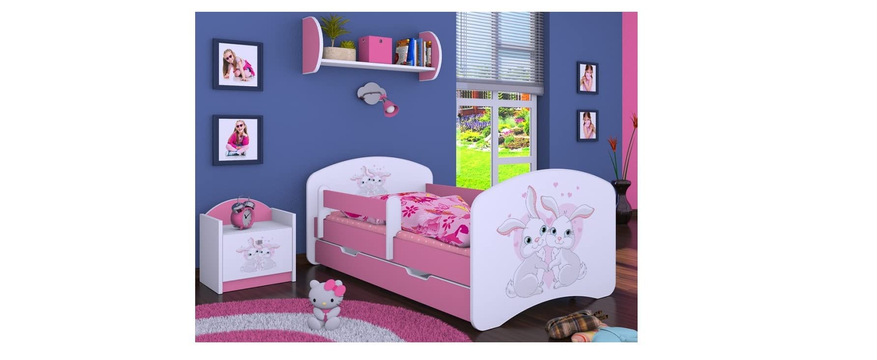 BDW Cuna infantil con colchón y caja de cama 140/160/180/190, diferentes variantes para niñas, color rosa (conejo comprometido, 160 x 80)