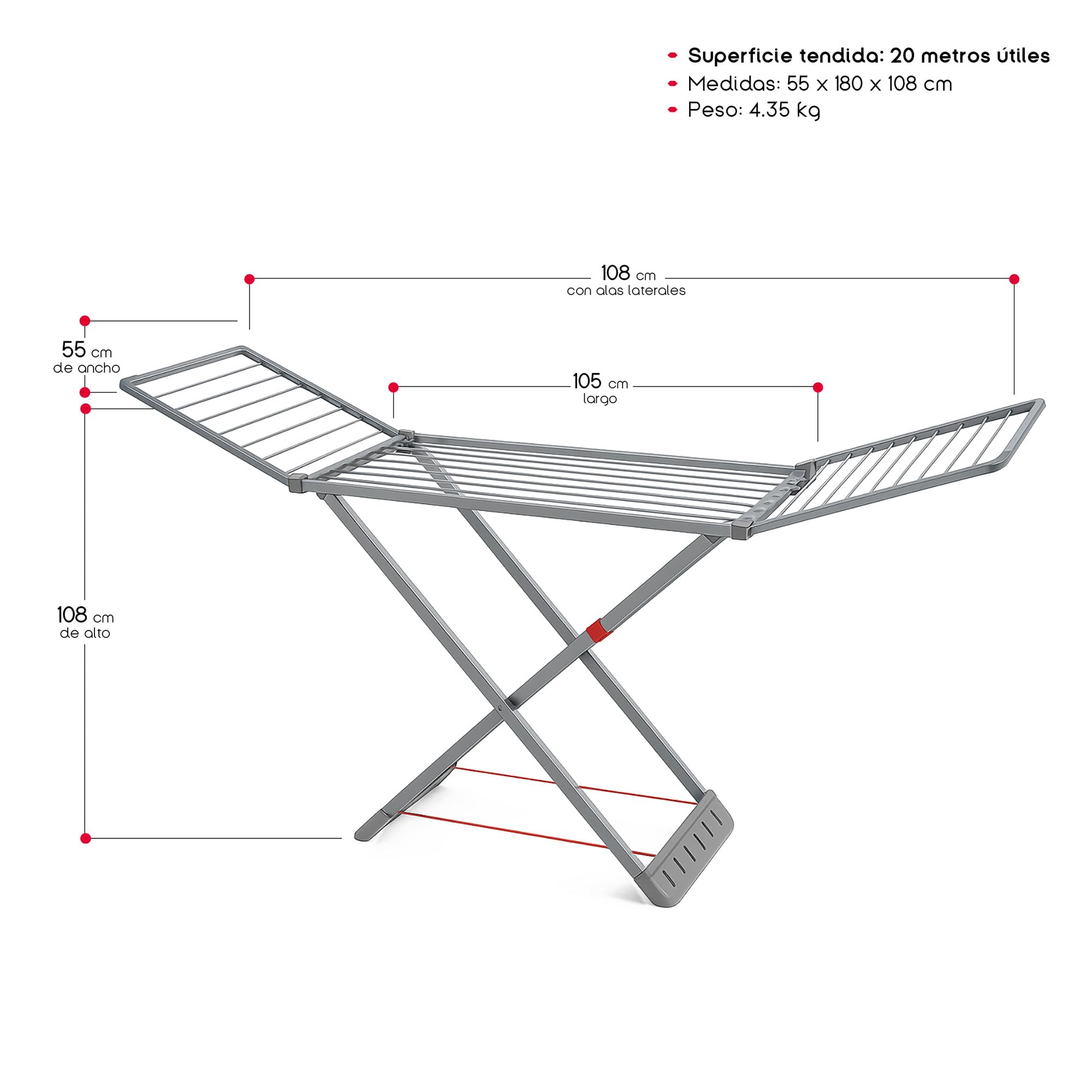 TIENDA EURASIA – Tendedero Plegable | Material Resina | Color Gris Claro | Superficie de Tendido 20 Metros | con Bloqueo de Seguridad | Medidas 55x180x108 cm