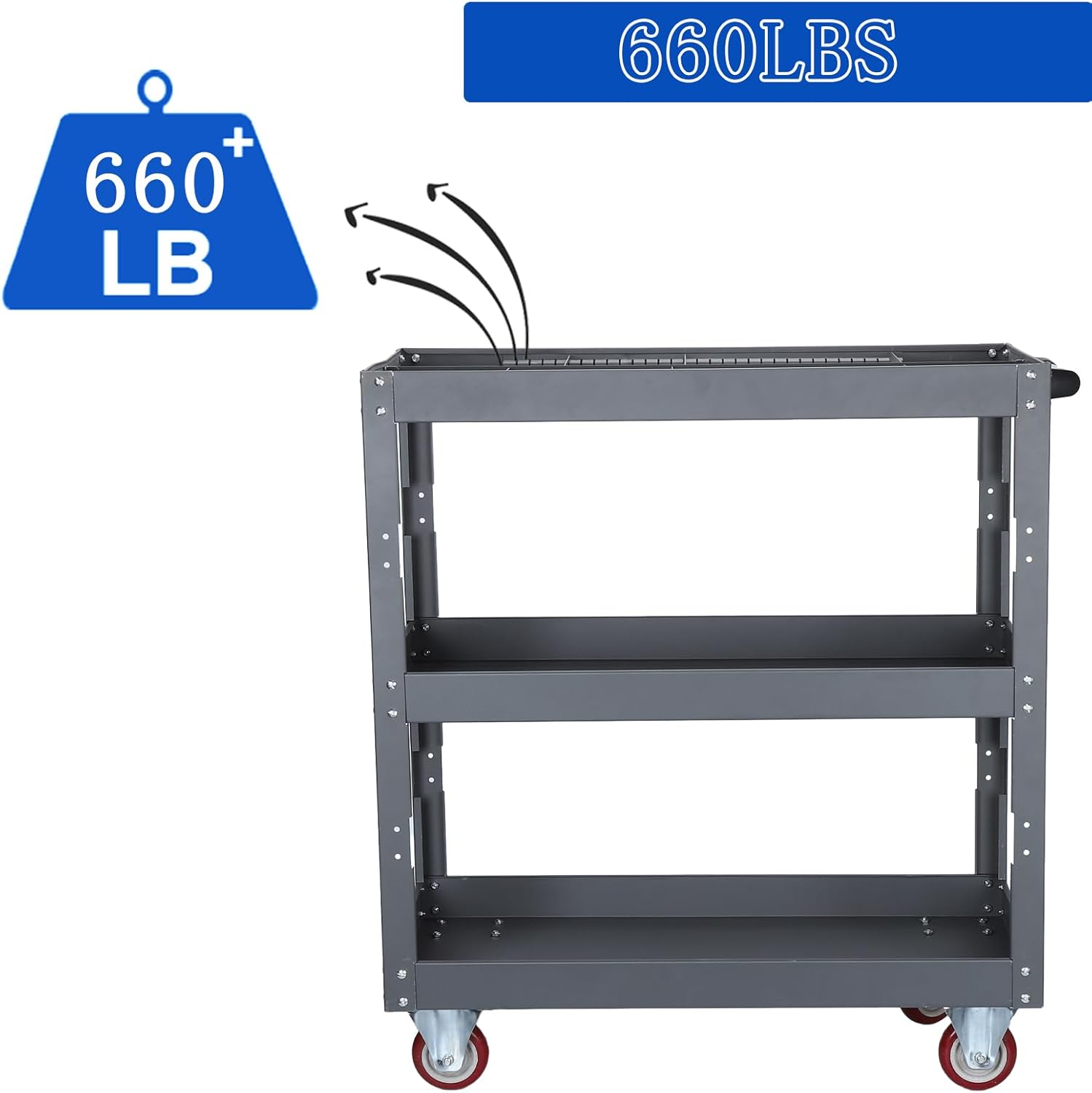 3 Tier Large Capacity Tool Cart, 660 lbs Tool Trolley with Adjustable Dividers, Lockable Wheels & Handle for Garden Warehouse Garage Workshops Grey One Size