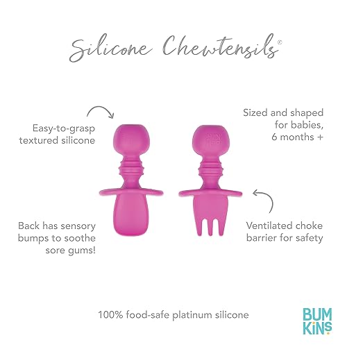 Miniatura 5 de Bumkins - Juego de utensilios de masticables de silicona, tenedor y cuchara para bebé, utensilios de entrenamiento, etapa de destete, Bumkins, bebé,