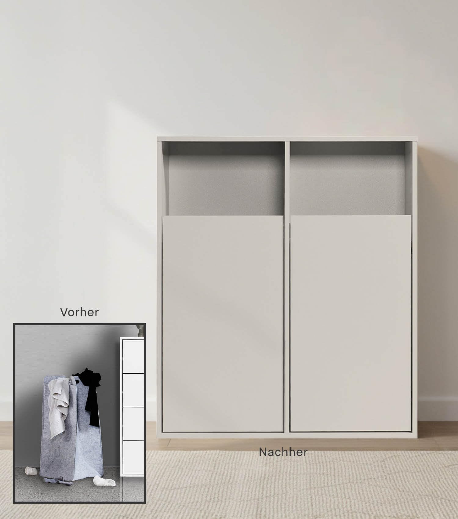 mokebo Wäscheschrank 'Der Wäschehüter' (95x80x40 cm) Made in Germany, Wäschesortierer aus Holz in Kaschmir mit 2 Fächern, Wäschekorb, Wäschesammler oder Wäschetruhe in Beige, fürs Bad & Schlafzimmer
