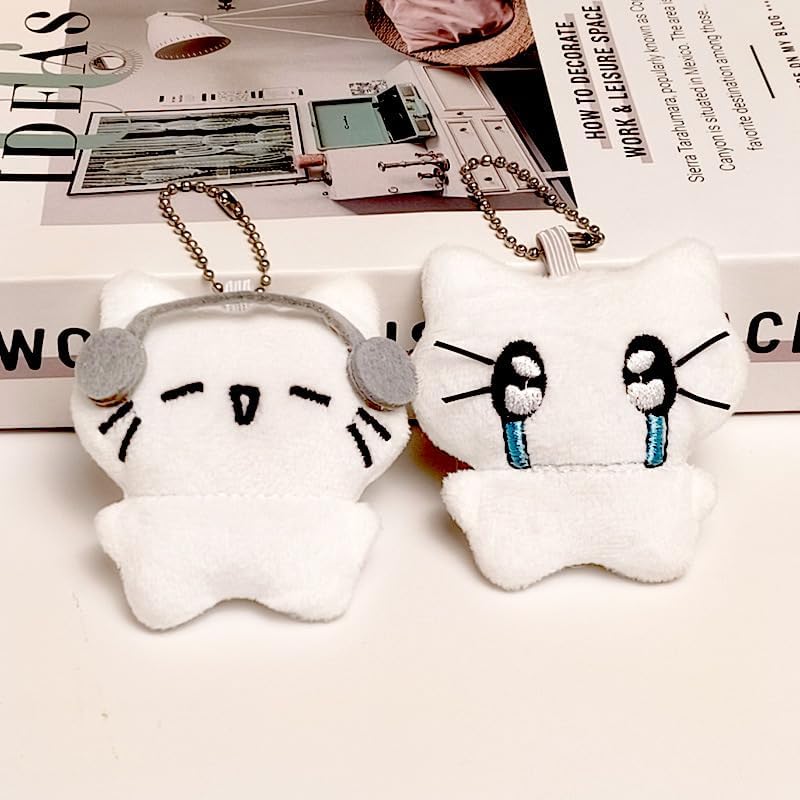 Image of figurine 2Pcs Cat Keychain,Cute Keychain, Plush Keychain, Emotional Cat with Headphones and Crying Face Design Bag Charms for Backpack, Purse, and Keys