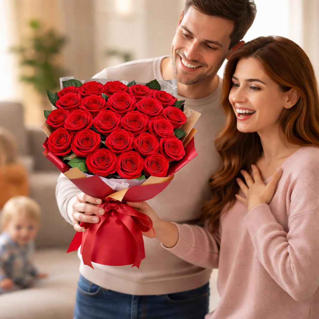 ADDWel Bouquet di Rosa Eterna e Bouquet di Fiori Eterno con 24 Rose Stabilizzate – Regalo Romantico per Donna Mamma Fidanzata o Moglie Compleanno Festa della Mamma San Valentino e Natale del mare