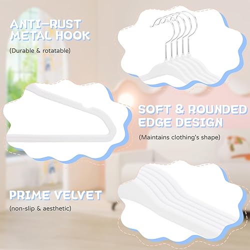 Miniatura 5 de YULEER Perchas para armario de bebé, paquete de 60 perchas de terciopelo para niños pequeños con 6 separadores de ropa lindos, color blanco