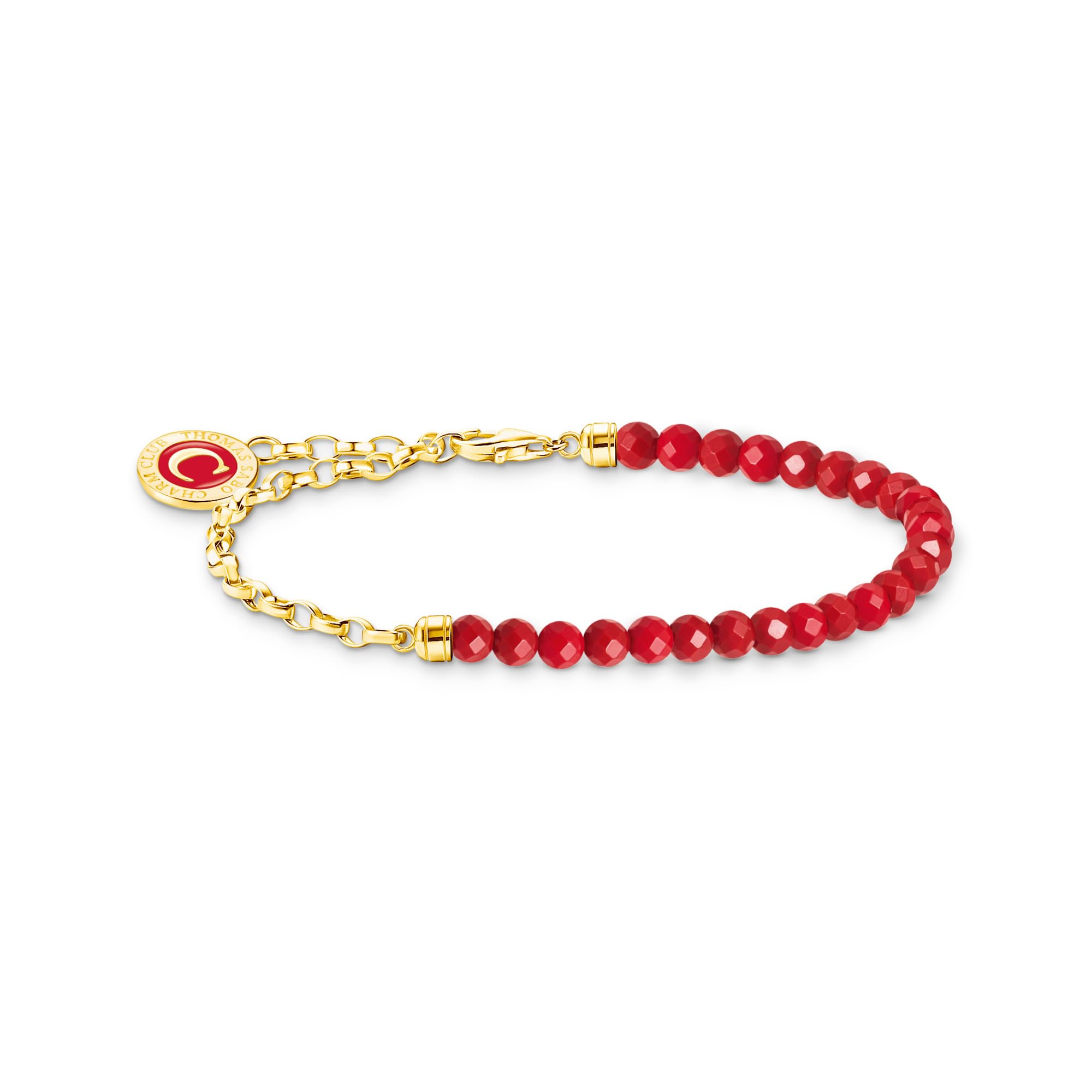 THOMAS SABO Member Charm-Armband rote Beads und Gliederelemente vergoldet 925 Sterlingsilber, Kaltemail, 750 Gelbgold Vergoldung