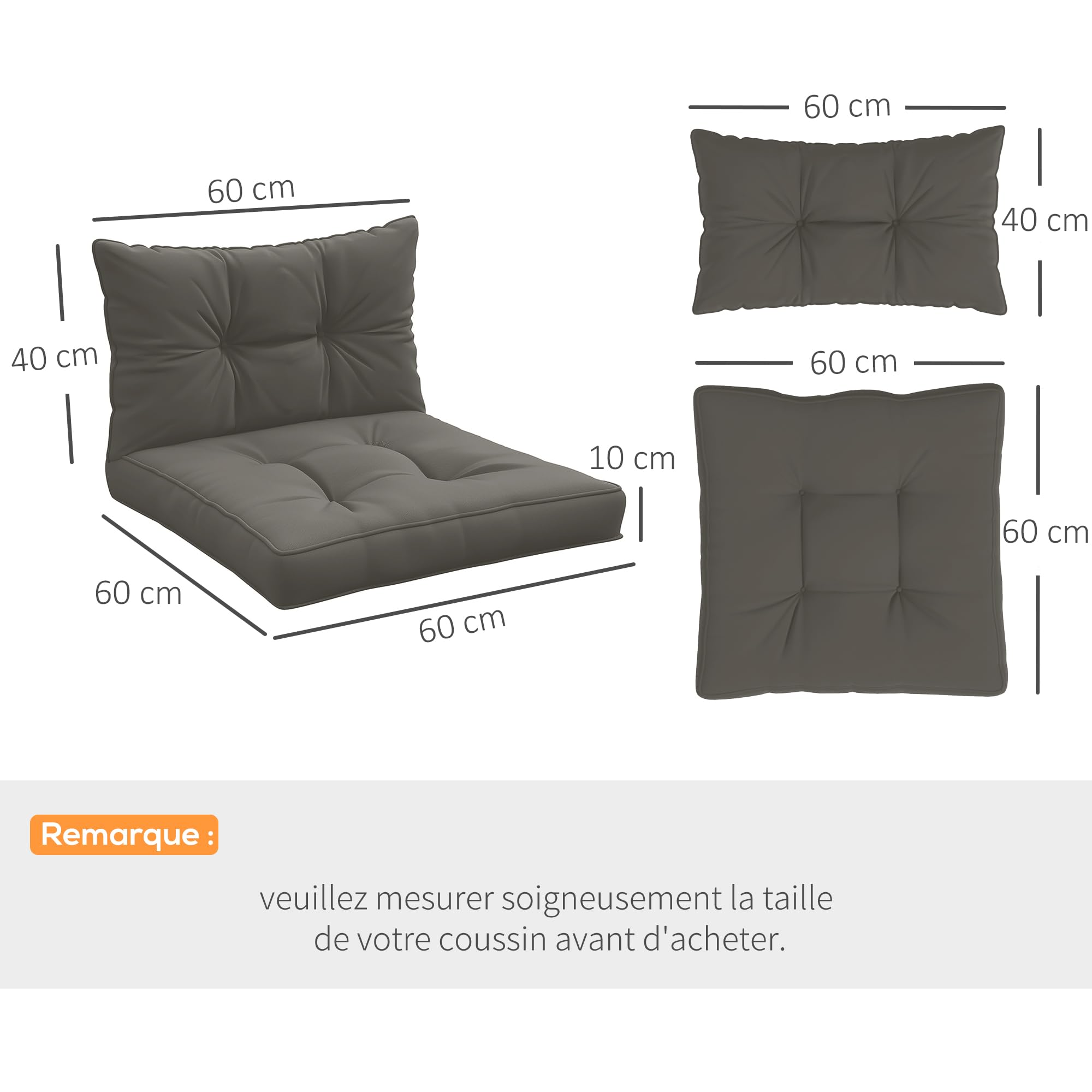 Outsunny Ensemble de Coussins pour Salon de Jardin 2 Places, 4 pièces, avec 2 Coussins d'assise et 2 Coussins de Dossier, Style capitonné, Polyester, épaisseur 10 cm, Gris Anthracite