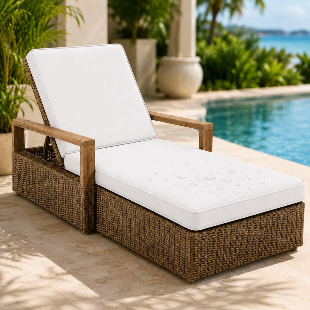 Coussin de rechange imperméable pour chaise longue - 2 sections - Housse amovible antidérapante avec 6 sangles - Idéal pour transat de jardin - Blanc - 193 x 56 x 5 cm