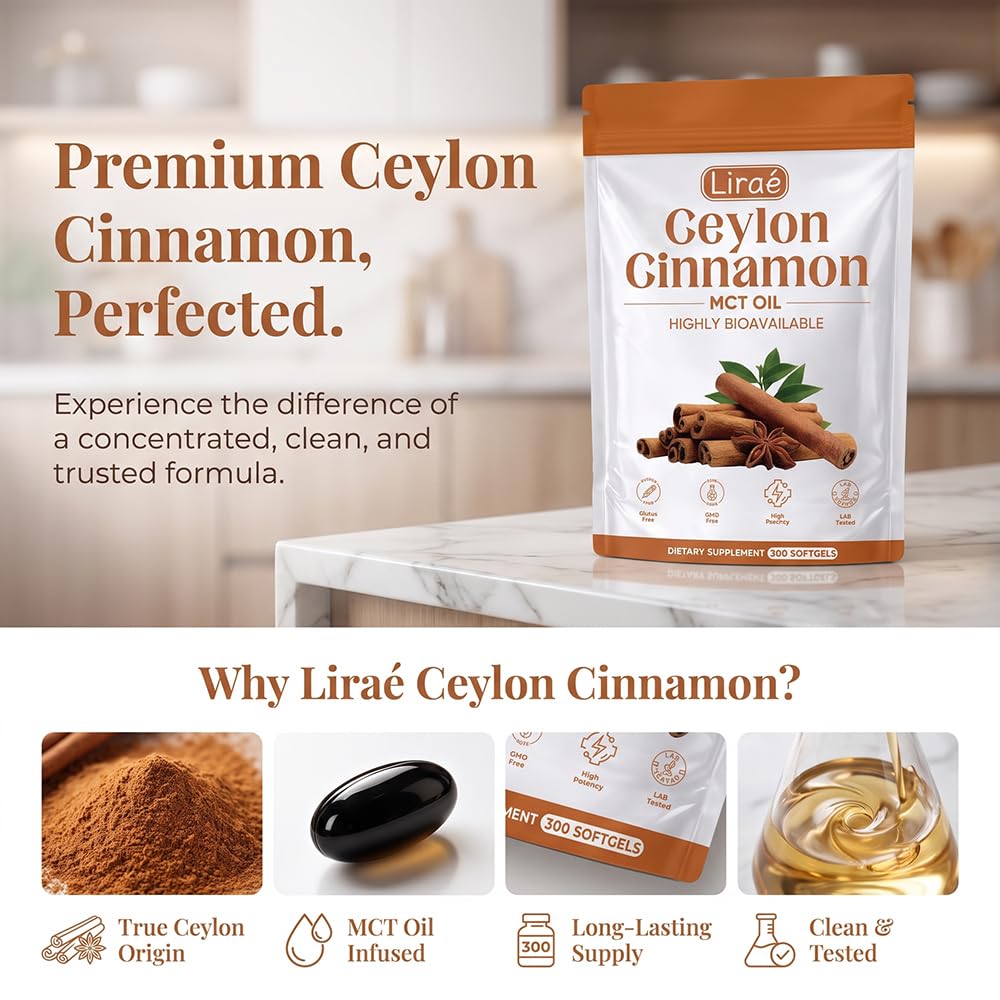 LIRAE Ceylon Cinnamon Softgels with MCT Oil, True Ceylon Cinnamon 12:1 Extract, Highly Bioavailable Herbal Extract, Non-GMO, Gluten Free, 300 Softgels(1pcs) — Amazon image 7
