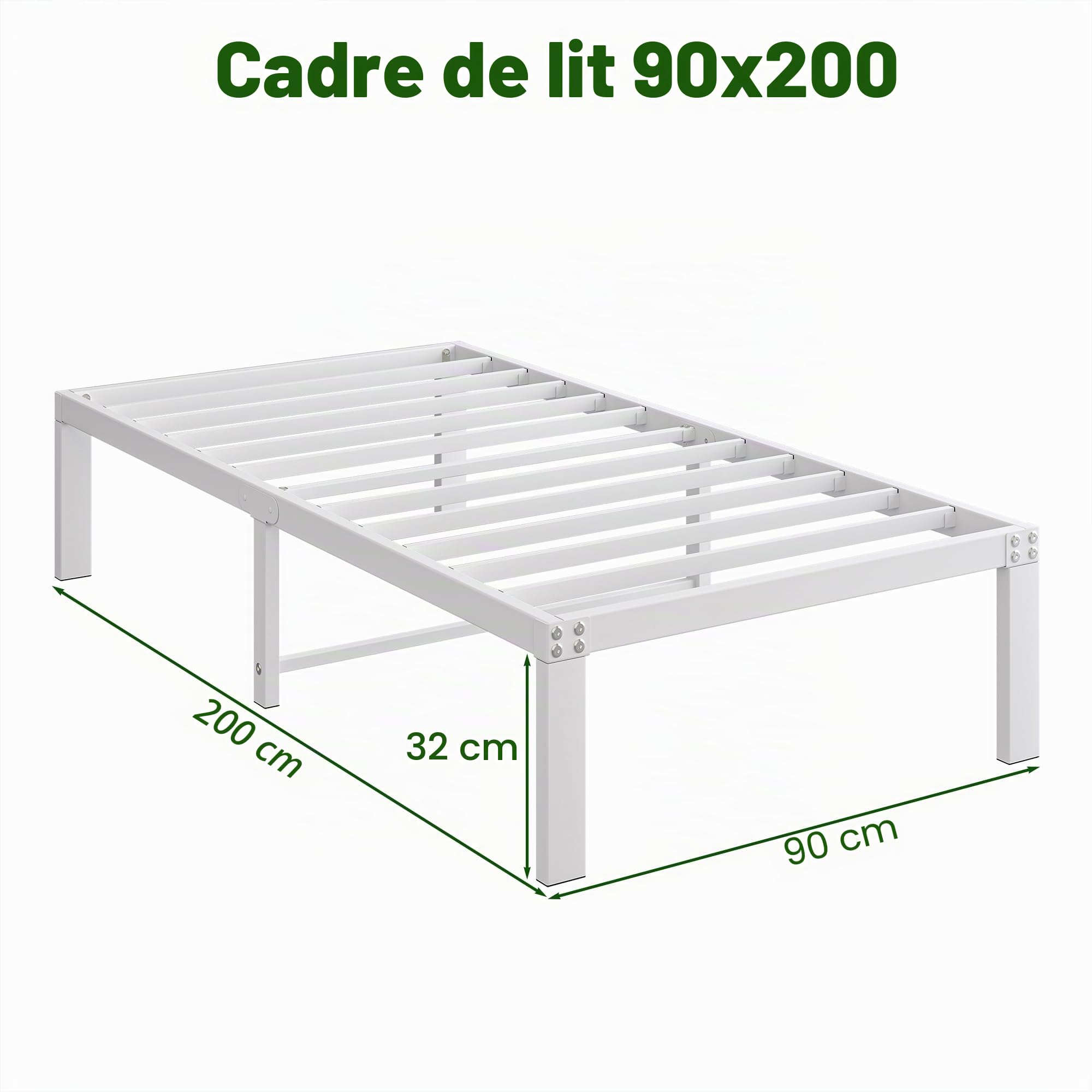 Cadre de lit en métal 90 x 200 cm - Cadre de lit en métal moderne - Pour adultes, enfants, adolescents - Montage facile - Blanc - 36 cm de hauteur