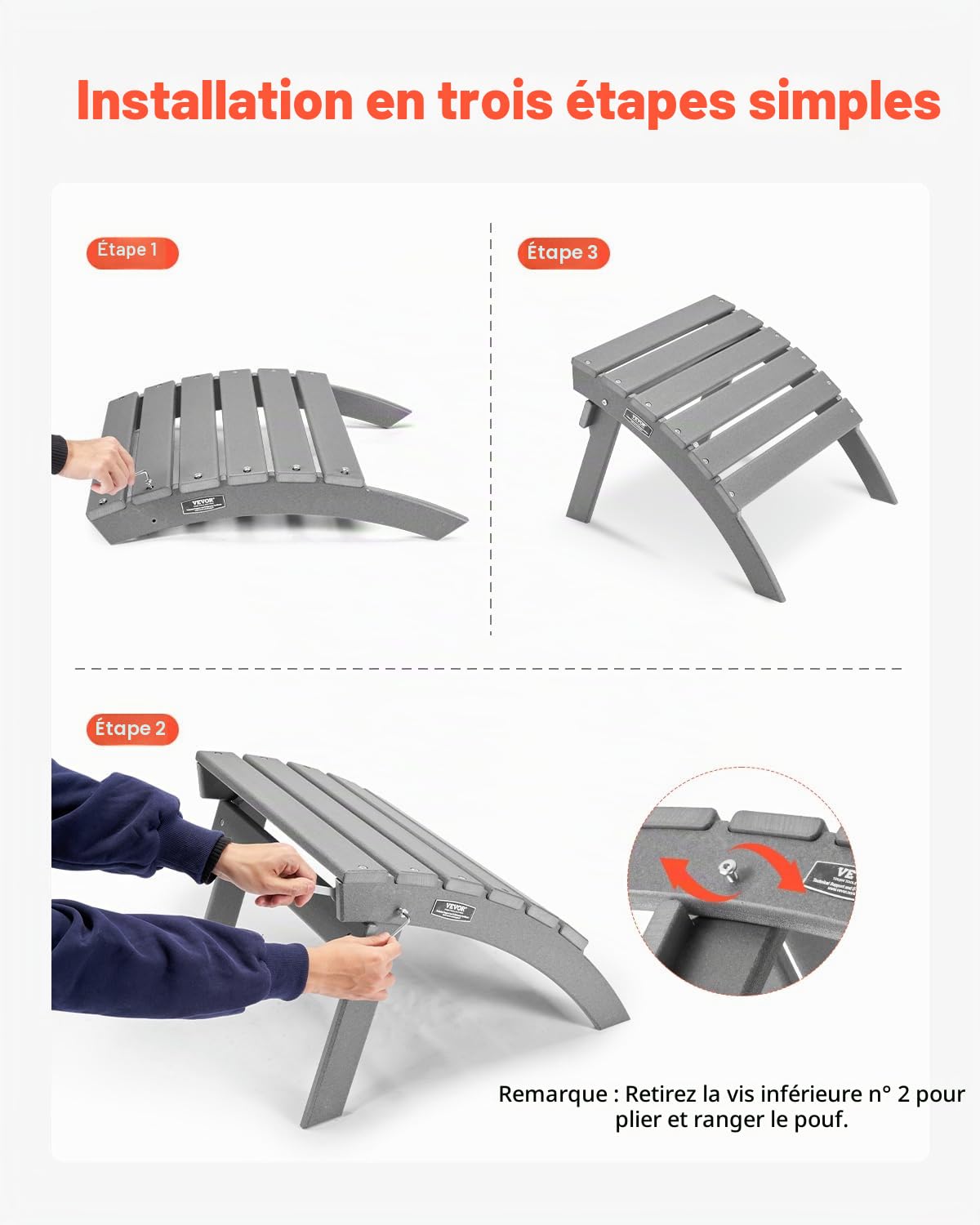 VEVOR Repose-pieds Pliable Adirondack, 547x480x377 mm, en PEHD, Résistant aux Intempéries pour Chaise Adirondack, Montage Facile, pour Extérieur, Patio, Porche, Piscine, Pelouse, Arrière-cour, Gris