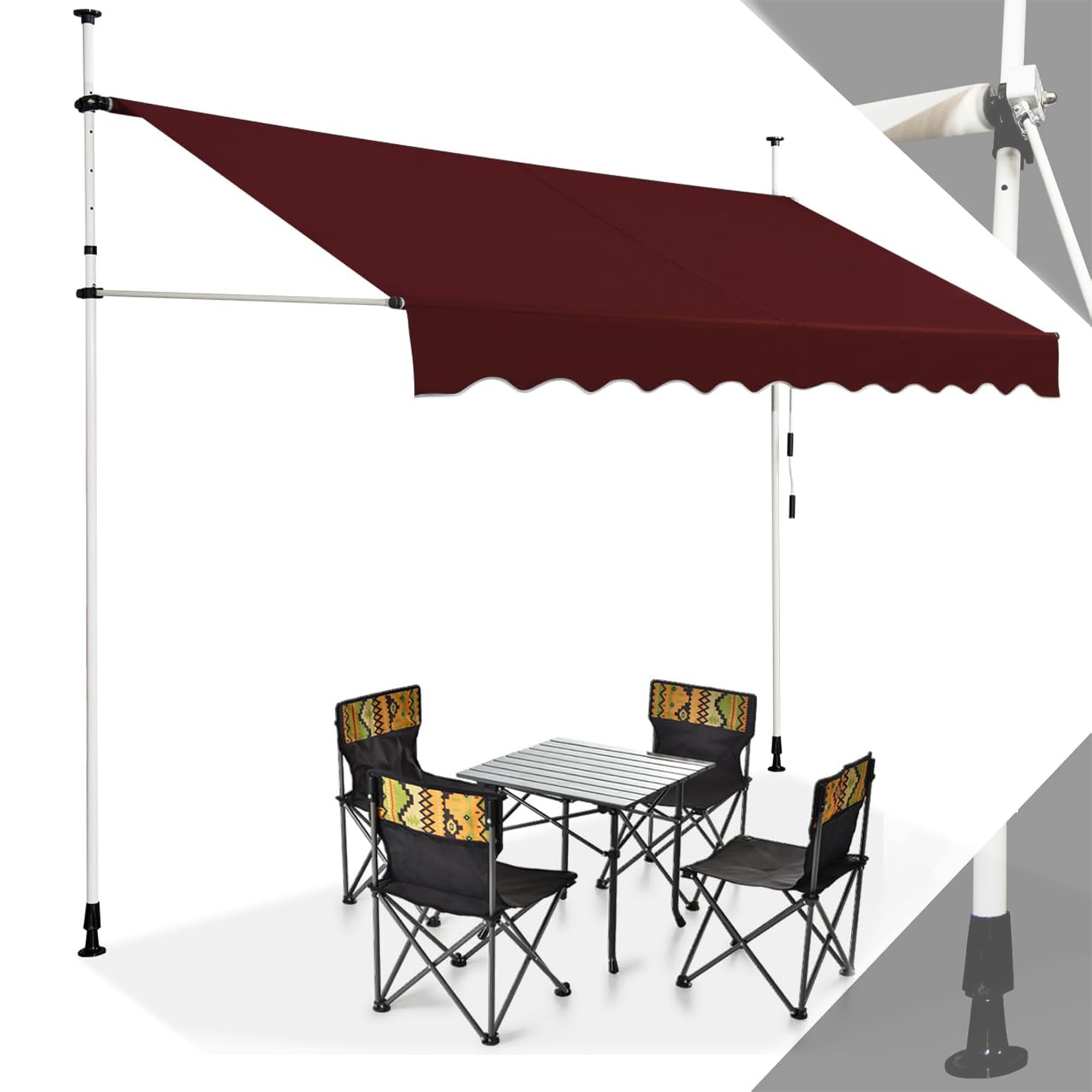 RELAX4LIFE Store Banne Manuel sans Perçage, Auvent Balcon Rétractable avec Manivelle, Tissu Oxford Anti-UV Imperméable, Hauteur Réglable 2-3 M, Store Banne pour Porte Fenêtre (Bordeaux,300 X 125 cm)
