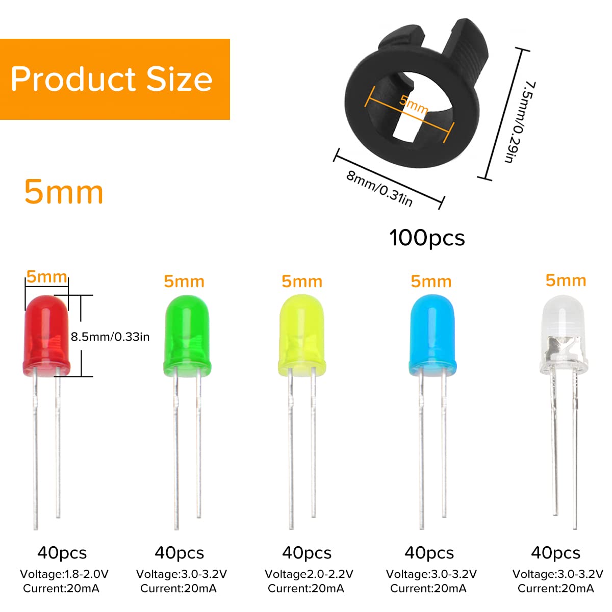 KeeYees 20Pcs 5mm LED Pre Cablati Diodi Ad Emissione Luminosa DC12V + 20Pcs 5mm Supporto In Plastica Del Diodo (Bianco Caldo