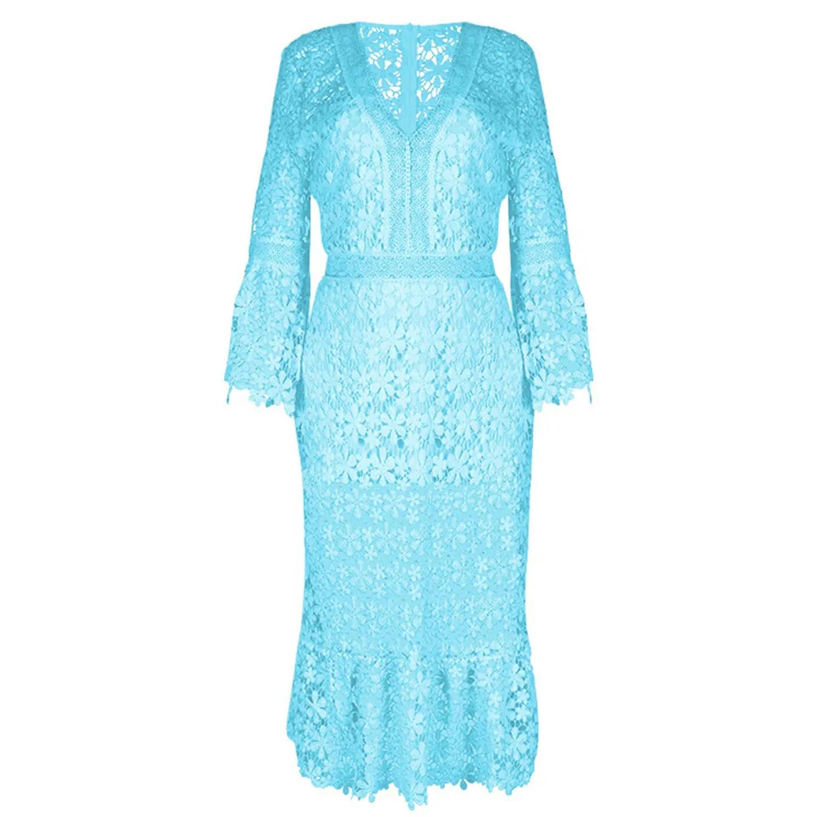 TEidea Vestito Donna Elegante Donne in Pizzo: Elegante Scollo A V, Polsini Fluidi, Abito da Festa Vuoto Casual