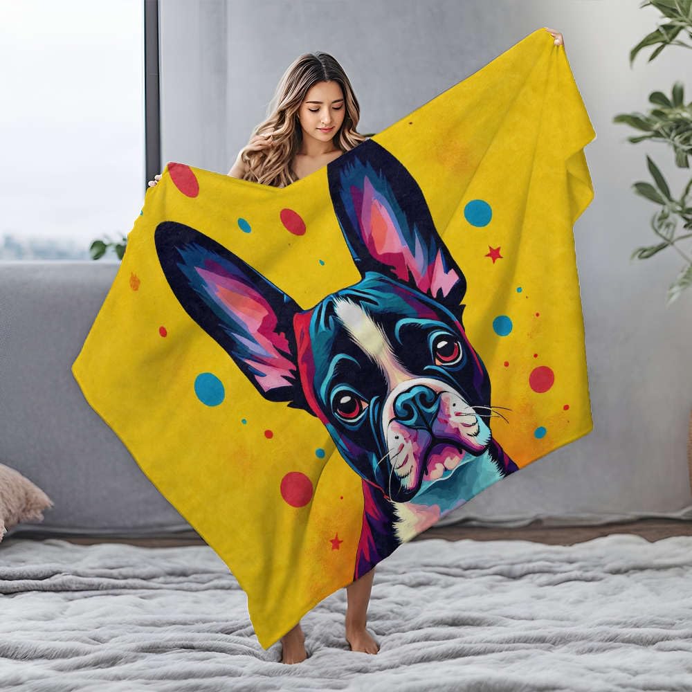 Couverture Boston Terrier multicolore en flanelle de 125x150 cm pour canapé