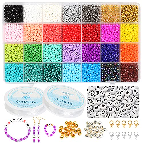 4 mm Seed Beads Bracelet Making Kit, 28 Colors 5600PCS Glass Seed Beads, Letter Beads for Jewelry Making, Elastic Rope, Gold, Silver Beads, Lobster Clasps for Craft Waist Beads Bracelet Beads