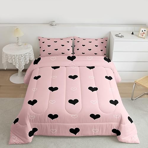 Juego de edredón para niñas, tamaño matrimonial, bonito juego de ropa de cama con patrón de corazón, bonito edredón de plumón rosa y negro, diseño
