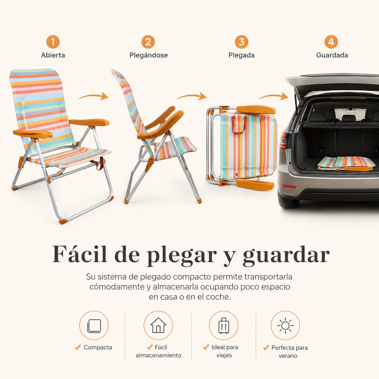 Silla de Camping Respaldo Alto - Plegable y Reclinable - para Playa, Terraza, Piscina, Jardín - 37cm Altura Asiento - Ocre a Rayas - con Asas de Fácil Transporte y Reposabrazos - Textileno y Aluminio