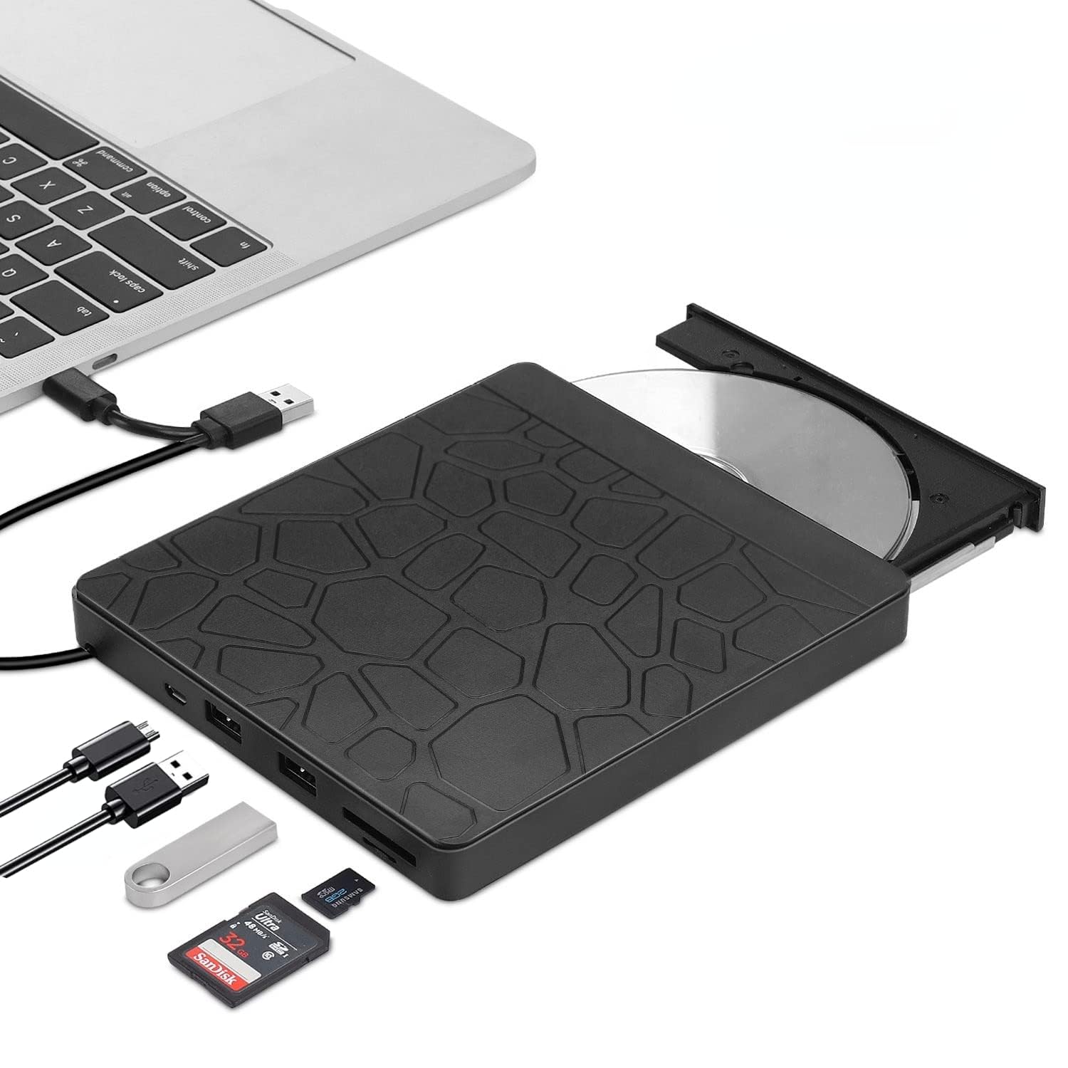 MAKINGTEC External DVD Drive for Laptop, USB 3.0 Type-C CD/DVD +/-RW Burner, Portable Optical Disk Drive with 2 Card Slots & 3 USB Ports for Windows, Linux, Mac OS