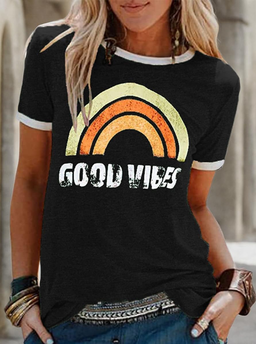 Womens Rainbow Graphic T-Shirts Summer Short Sleeve Crew Neck Vintage Graphic T Shirts Tops - Image 2