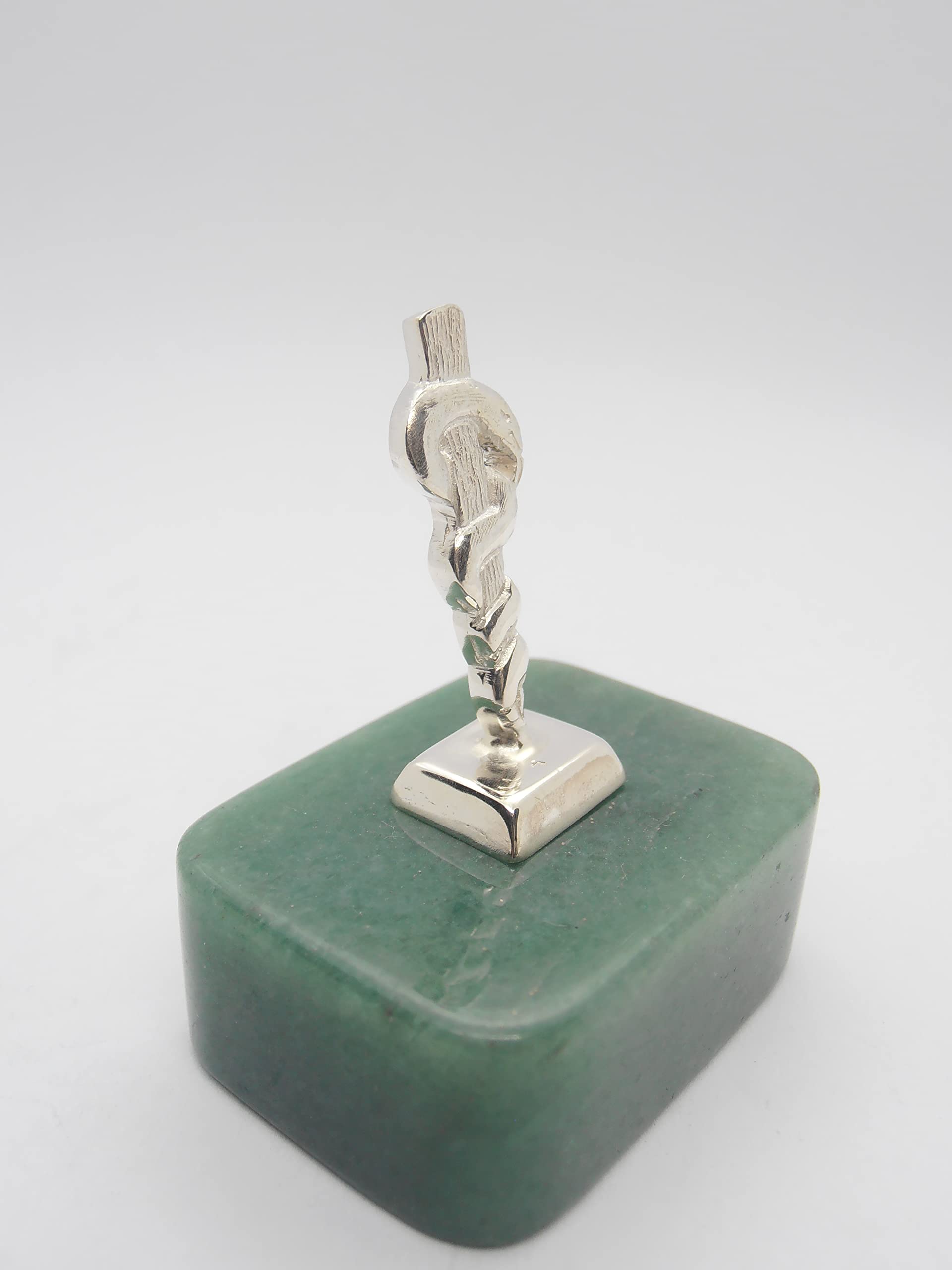 Bastone di Esculapio : Simbolo di Asclepio in Argento 925 su Avventurina Naturale Verde - Medici - Dottori - Medicina - Fermacarte - Soprammobile - Pietra Dura