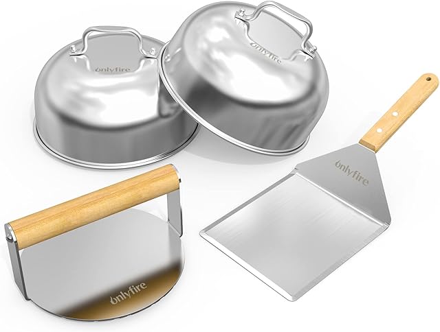 Onlyfire BBQ Griddle Accessories Kit, 2 x 16cm Burger Cover Cheese Melting Dome, Round Burge Smasher and Large Spatula Turner, Grill Accessories Tools for Flat Top Griddle, Teppanyaki and Camping