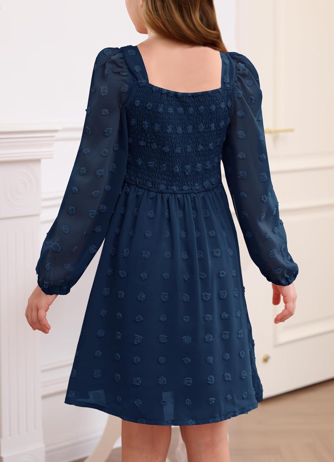 HOSIKA Girls Long Sleeve Dress Swiss Dot Square Neck Smocked Spring Dresses with Pockets 6-14 Years - Image 6