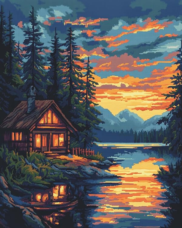 Kit canevas complet 11CT paysage cabane au coucher de soleil 40x50 cm