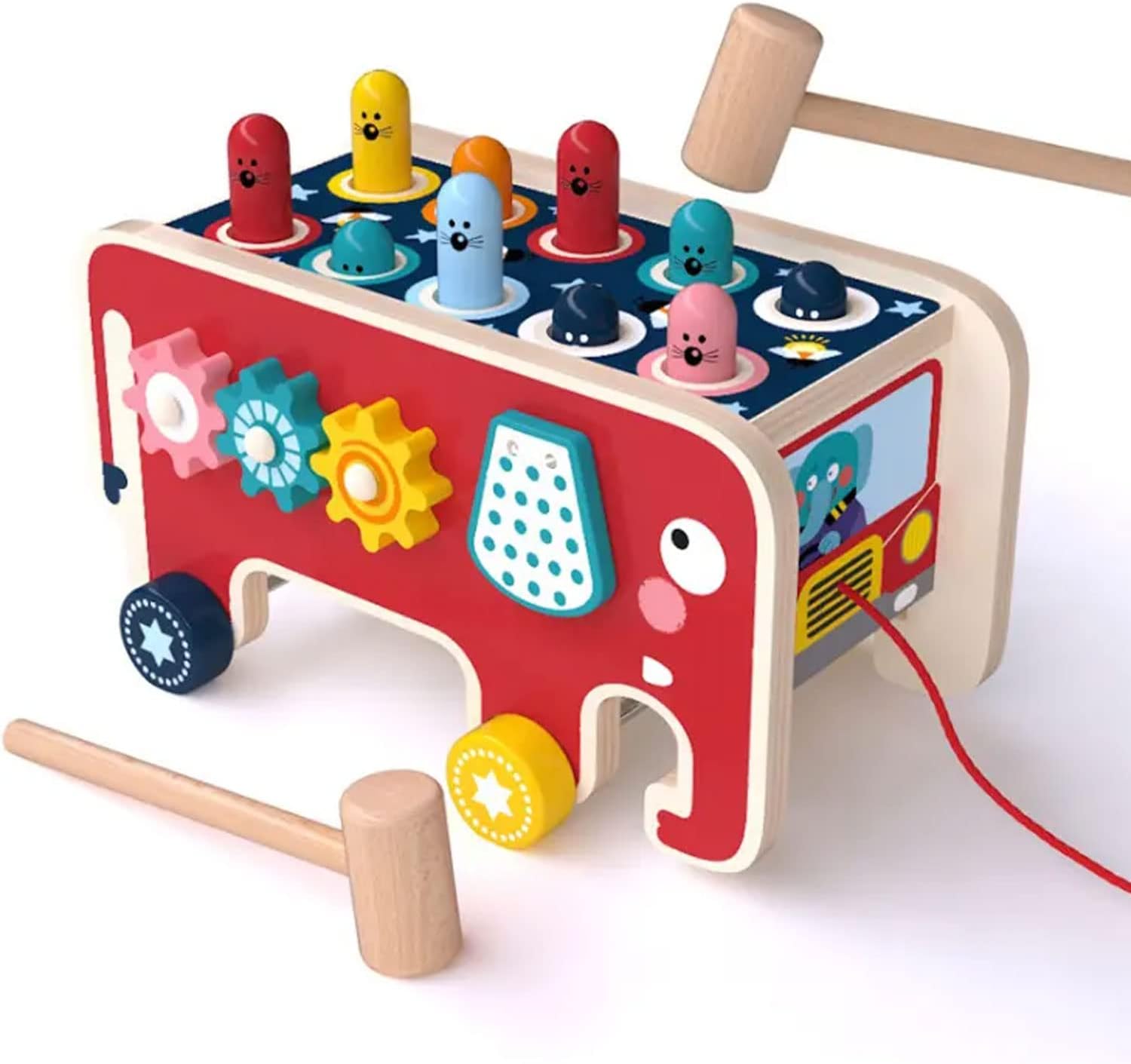 MUMPHYS Wooden Hamster, Elephant Shape Knocking Game Childhood Education Wooden Trailer Toys Gifts for Boys and Girls