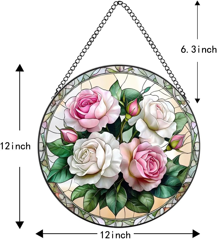 Handmade Rose Stained Glass Sun Catcher - Elegant Floral Window Hanging Ornament, Suncatcher for Home & Garden Decor, for Valentine's Day, Weddings & Mother's Day (Pink, 11.8 * 11.8IN)