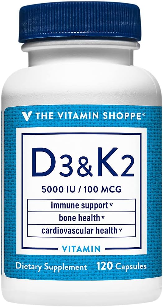 The Vitamin Shoppe Vitamin D3 K2 5000 IU - Bone Density & Heart Health | D3 + K2 MK-7 | 120 Capsules | Synergistic Formula