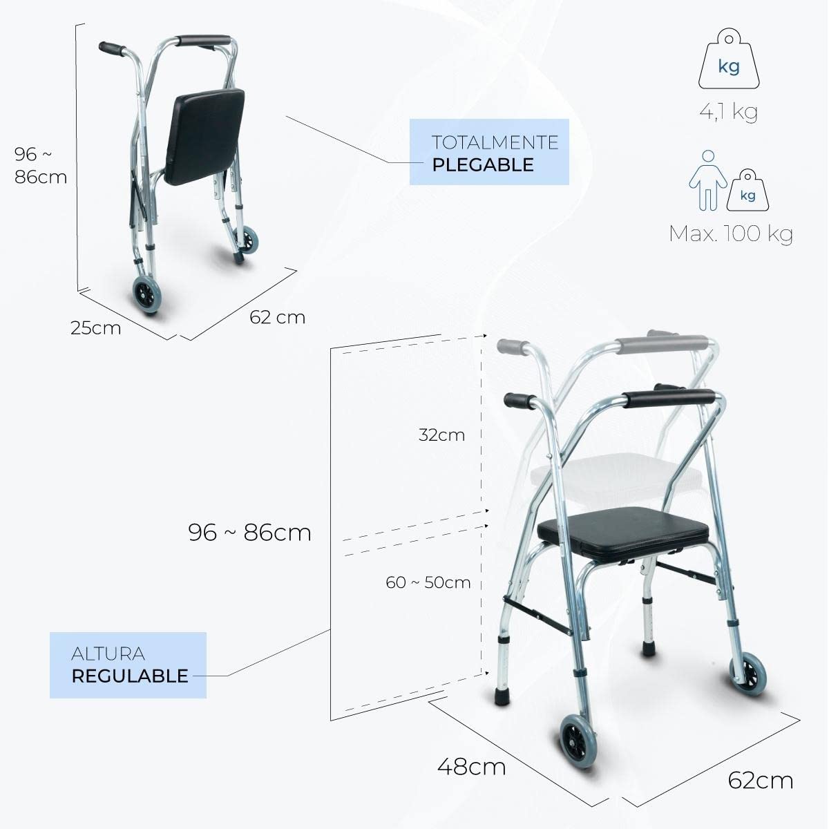 Mobiclinic, Compostela, Andador para ancianos con dos ruedas, Marca española, Plegable adultos, Asiento, Aluminio, Altura regulable, Plata/negro