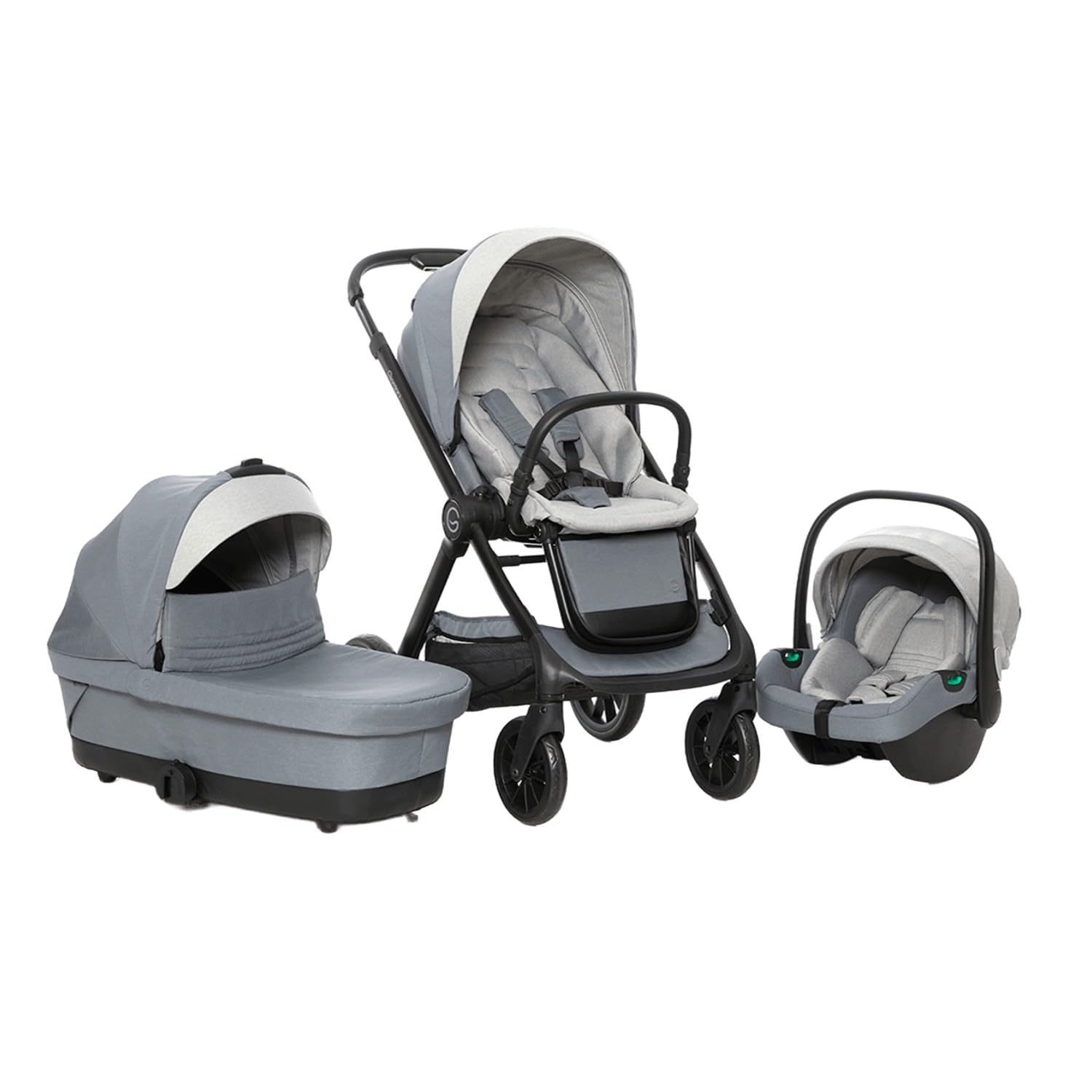 Giordani Trio Sistema Modulare G-Comfort, Passeggino Chiusura Automatica Fronte Mamma Strada 0-22kg, Navicella e Seggiolino Auto con Tasti Memory, Ruote Ammortizzate