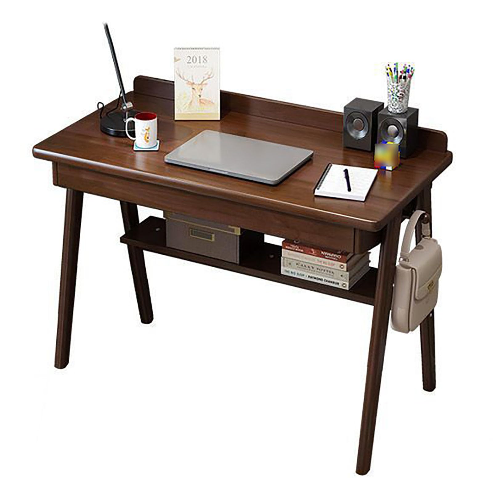 ASerZenith Wood Writing Desk,Office Desk Workstation W/Drawers&Hook,Mid-Century Modern Computer Work Study Table W/Storage Shelf,Walnut-80Cm