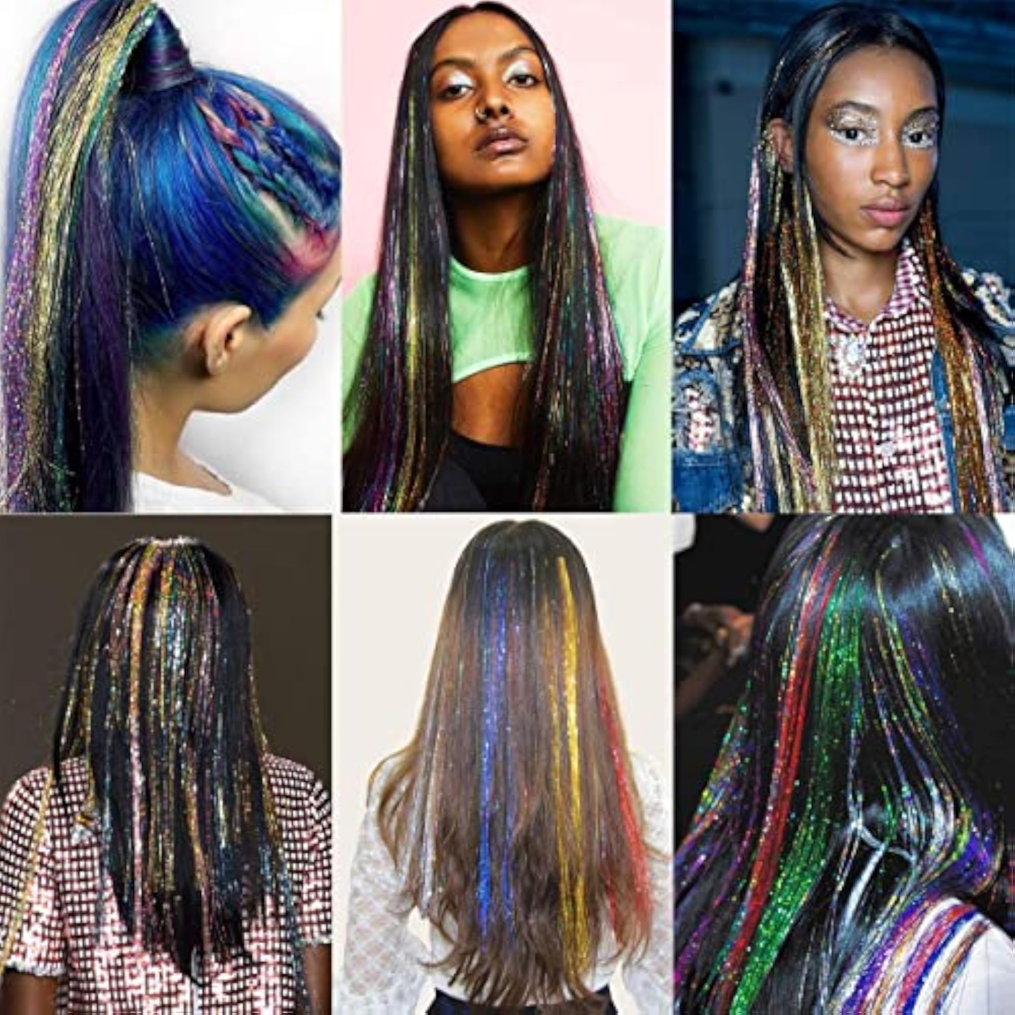 Glitter Hair Tinsel Extensions Strands, 6 Colors